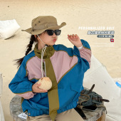 立领春秋外套 风洋气拼色夹克中大童韩版 女童外套2024新款 儿童工装