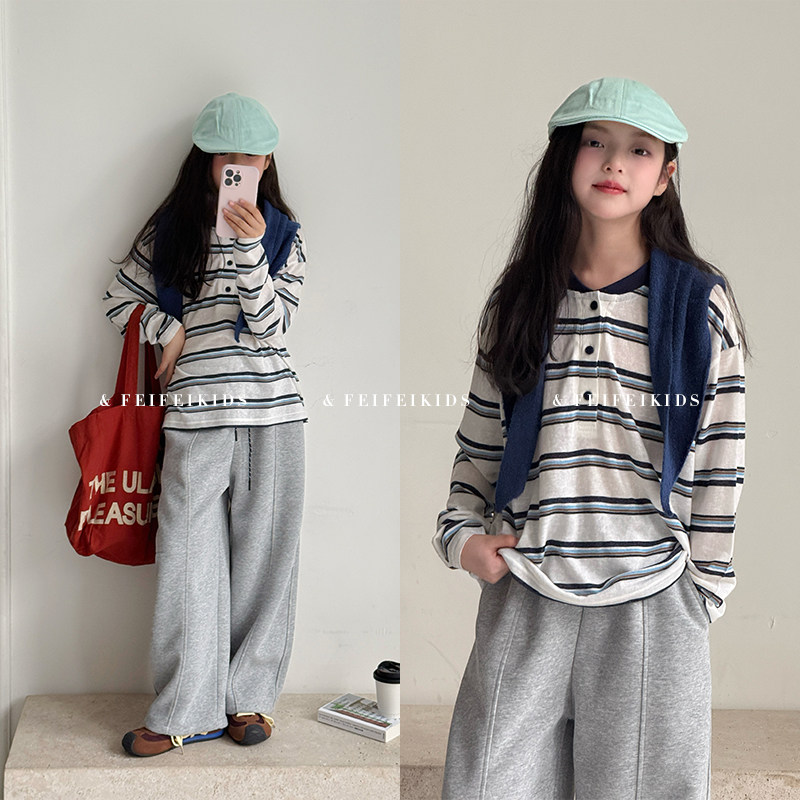 女童长袖t恤2025新款ins风宽松设计感条纹长袖T大童秋冬百搭上衣