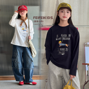 T恤宽松休闲上衣百搭圆领打底衫 狗狗插画长袖 t恤2025新款 女童长袖