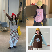 女童长袖 T卡通落肩剪裁叠穿不臃肿 插画长袖 T恤2025秋季 拼色插肩袖