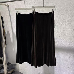 2025秋季黑色咖啡色丝绒A字裙半身裙松紧腰高腰半身裙遮肉韩版974
