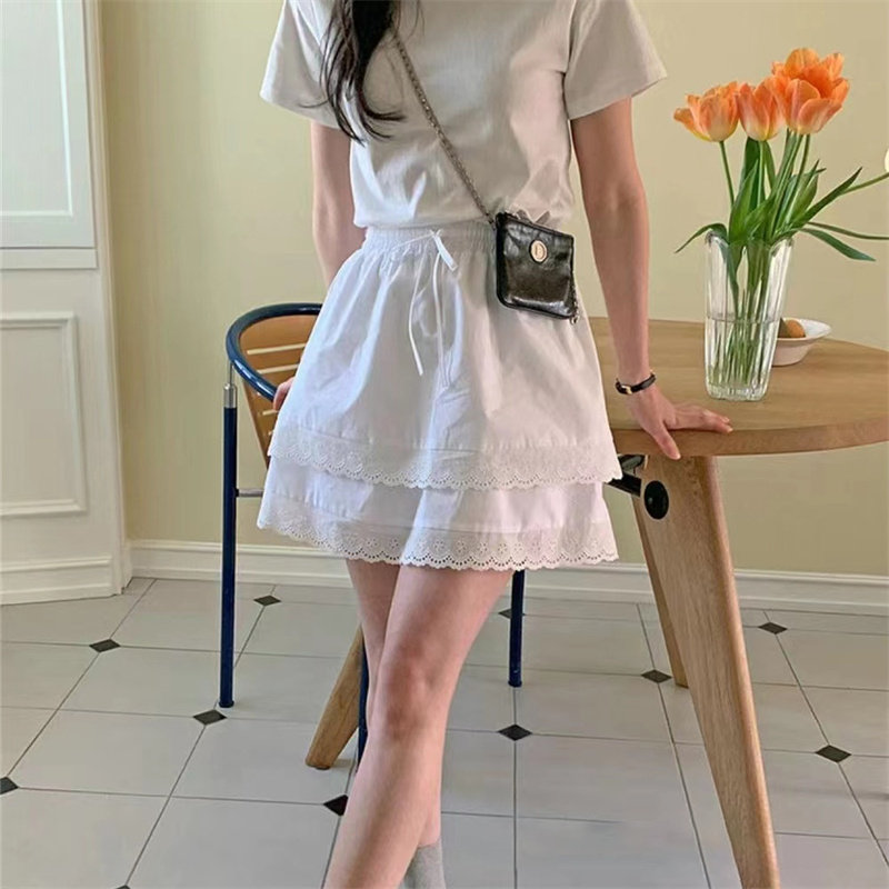 2025夏季黑色白色抽绳半身裙A字裙短裙裙子女高腰松紧腰时尚欧货