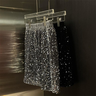 闪闪辣妹亮片短裙半身裙裙子女高腰松紧腰宽松百搭韩版丝绒欧洲站