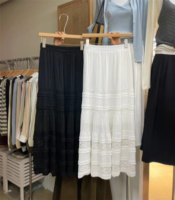 2025春季黑色白色蕾丝A字裙半身裙裙子女时尚显瘦松紧腰中长裙潮