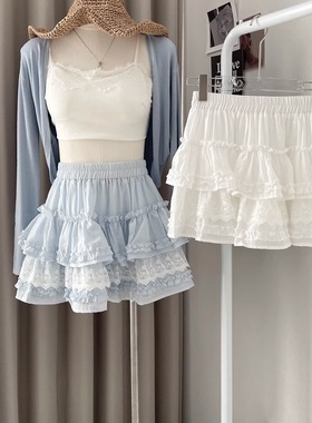 2025夏季浅蓝色白色荷叶边短裙蕾丝A字裙潮流时尚百搭遮肉欧货586