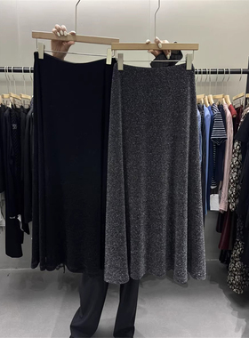 2025秋季麻灰色黑色隐藏腰A字裙松紧腰质感半身裙潮流时尚潮流734