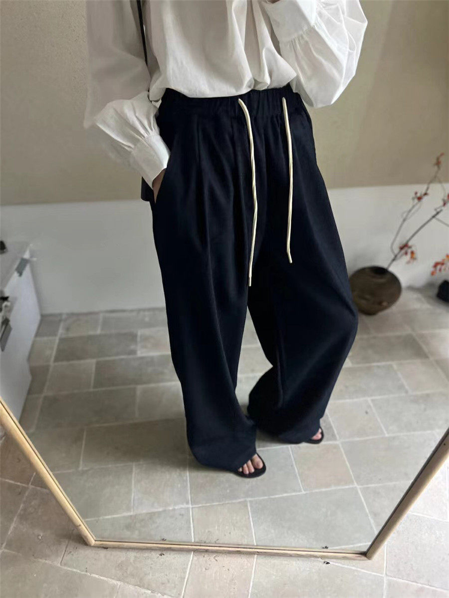 2024秋季深蓝色黑色天丝牛仔抽绳口袋休闲裤裤子女时尚显瘦百搭韩