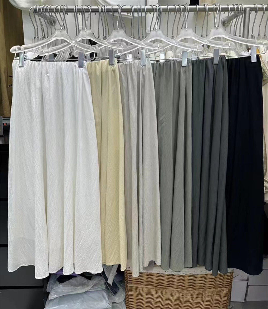 2024夏季纯色锦棉皱无腰A字裙半身裙裙子女时尚显瘦松紧腰中长裙