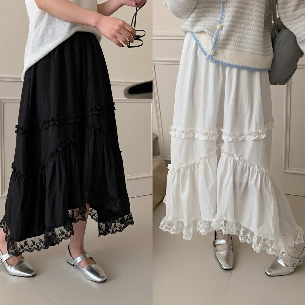 2025黑色白色不规则花边荷叶边A字裙半身裙中长裙潮流质感百搭202