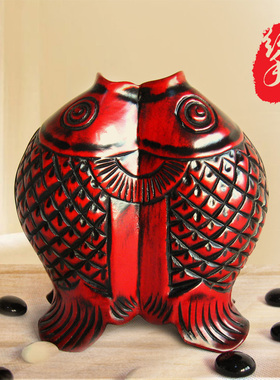 桃木双鱼笔筒木雕工艺品书房实木质装饰摆件送同学教师节生日礼物