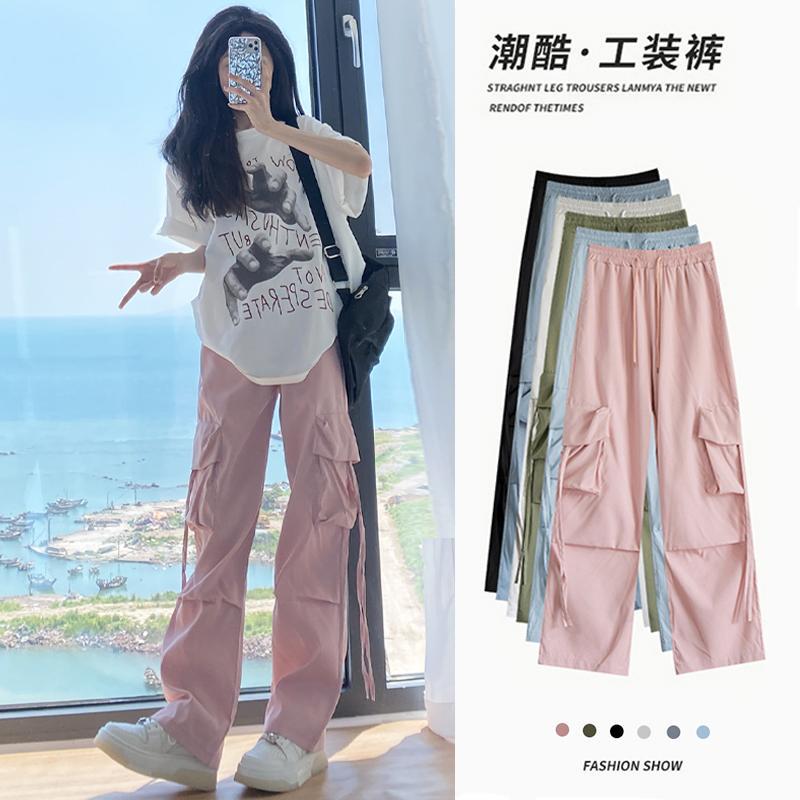 薄款/加绒粉色工装裤子女学生高腰降落伞休闲百搭阔腿美式运动裤