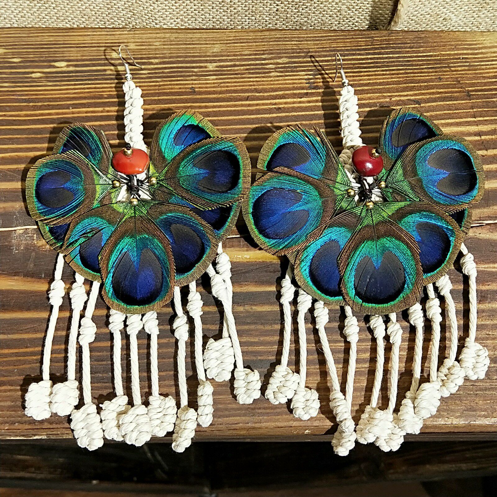 孔雀羽毛编制耳环,民族风个性特色耳环 饰品