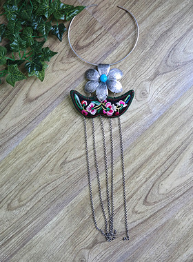 民族风老绣片苗银项链