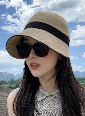 日系大檐防晒遮阳渔夫帽子女款2026新款夏季卡其亚麻盆帽太阳帽