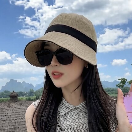 日系大檐防晒遮阳渔夫帽子女款2026新款夏季卡其亚麻盆帽太阳帽
