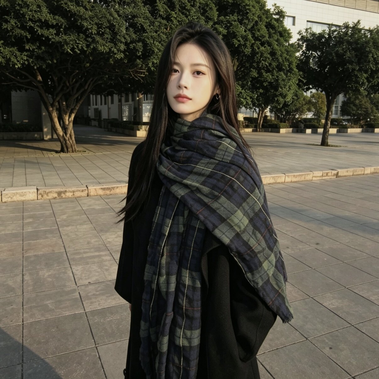 文艺范蓝绿格子棉麻围巾女款2026新款薄款复古皱褶感秋冬丝巾披肩图片