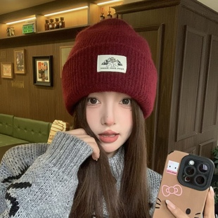 韩国双层针织毛线堆堆帽子女款2026新款秋冬季贴标红色护耳冷帽男