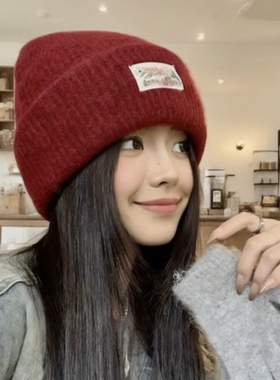 韩版针织毛线堆堆帽子女款2025新款秋冬季贴标红色保暖护耳冷帽男