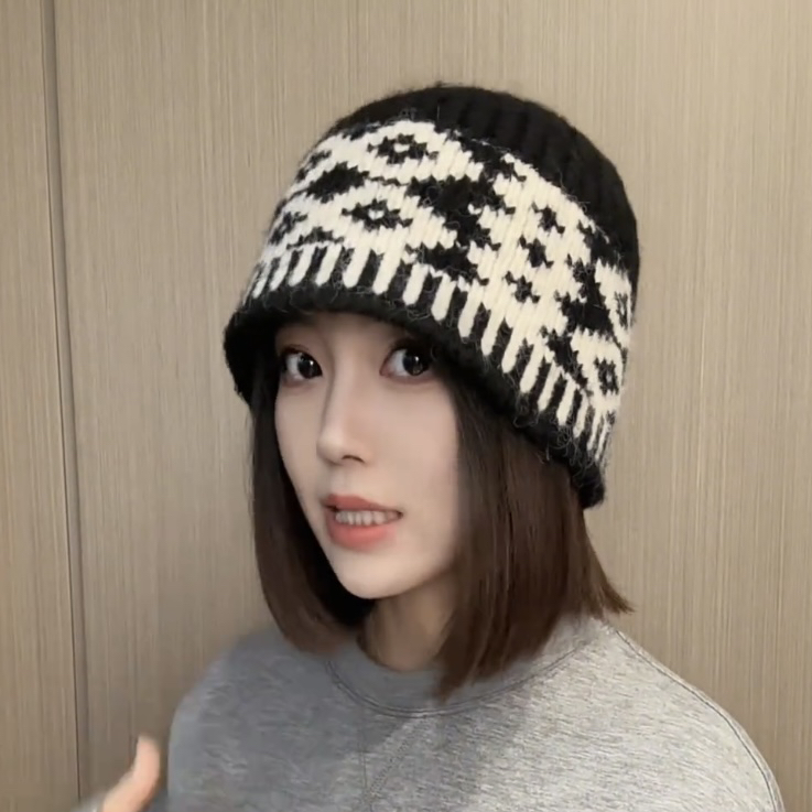 大头围格纹毛线帽子女款2025新款显脸小费尔岛保暖针织冷帽水桶帽