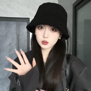 大头围渔夫帽子女款2025新款秋冬季时尚潮流黑色显脸小毛绒盆帽