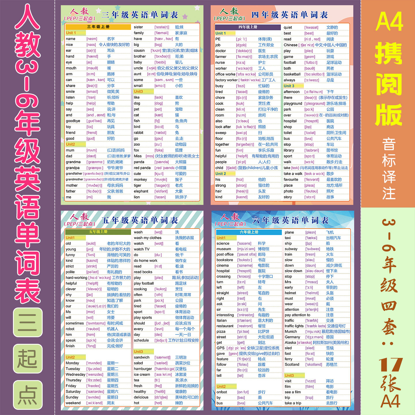 人教PEP3-6年级防水单词挂图贴