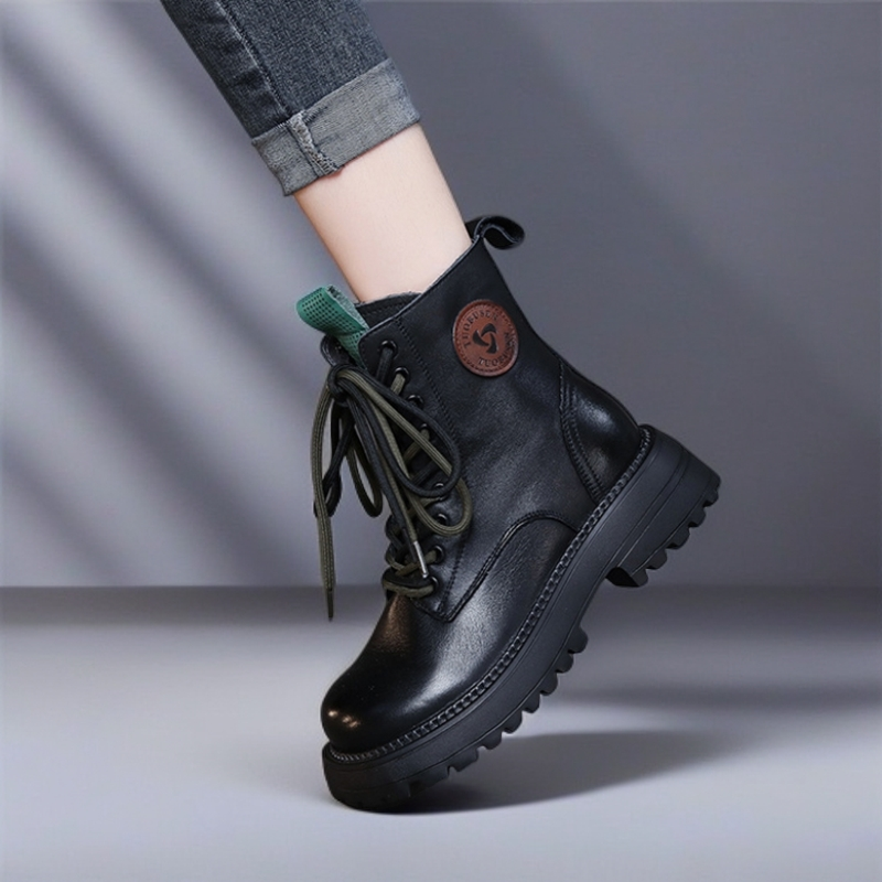 真皮复古时尚系带厚底马丁靴女