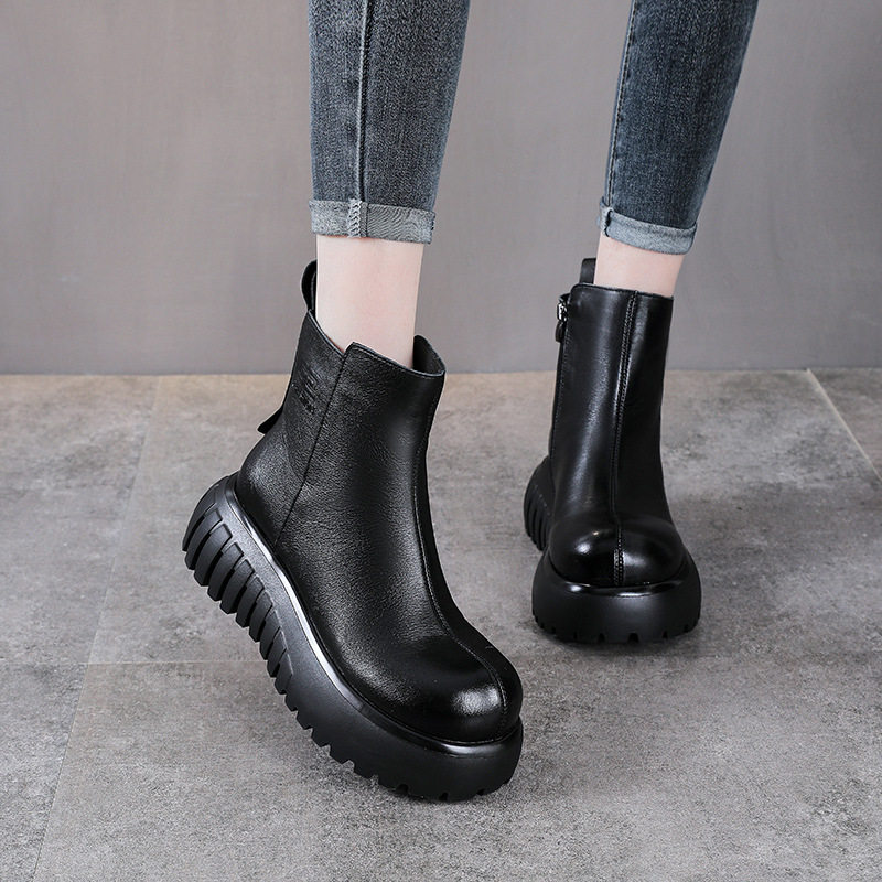 真皮厚底松糕马丁靴女2025冬季新款头层牛皮复古英伦风加绒短靴子