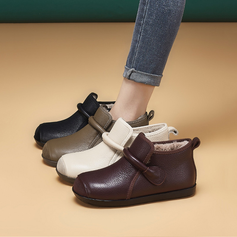 真皮平底短靴女魔术贴加绒棉鞋