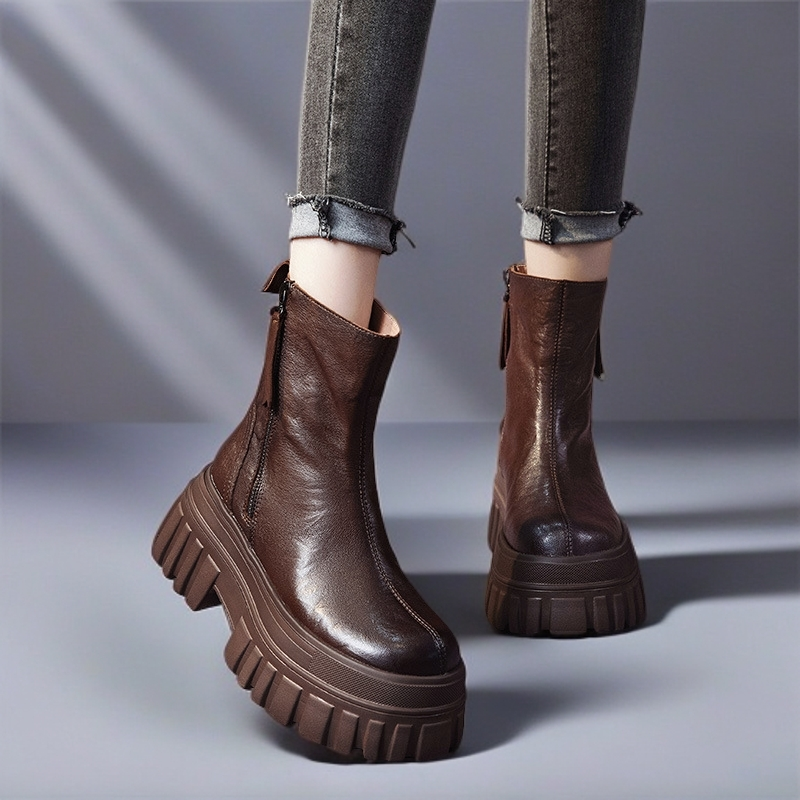 真皮小个子增高8CM厚底马丁靴女2025秋冬头层牛皮时尚双拉链短靴