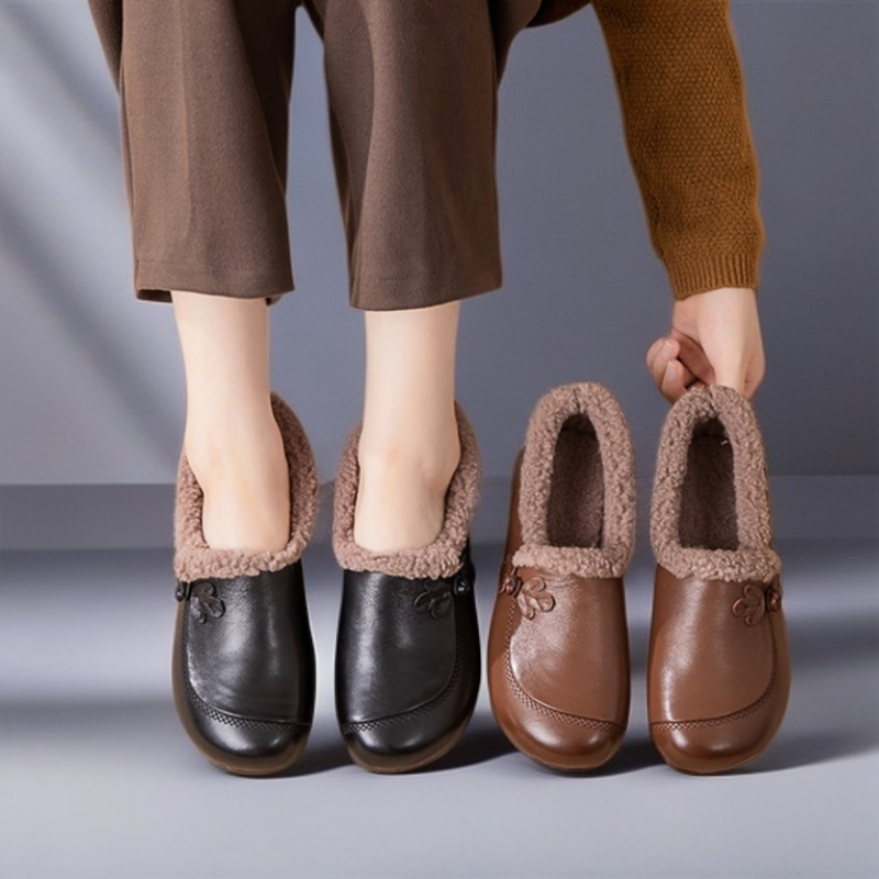 真皮复古休闲软底加绒保暖棉鞋女