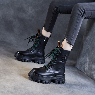 真皮轻便厚底增高马丁靴女中筒靴