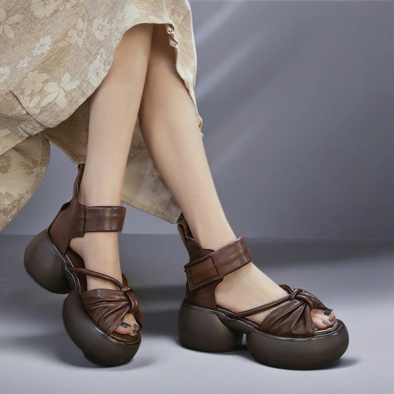 真皮复古时尚魔术贴露趾凉鞋女2026夏季头层牛皮小个子厚底增高鞋