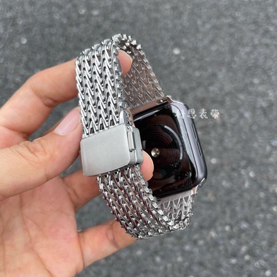 适用苹果手表S10表带iwatch98765不锈钢V纹缕空se磁吸卡扣ultra2