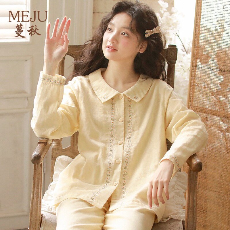 MEJU蔓秋春夏新品女士纯棉双层纱布睡衣翻领高级刺绣春秋款套装