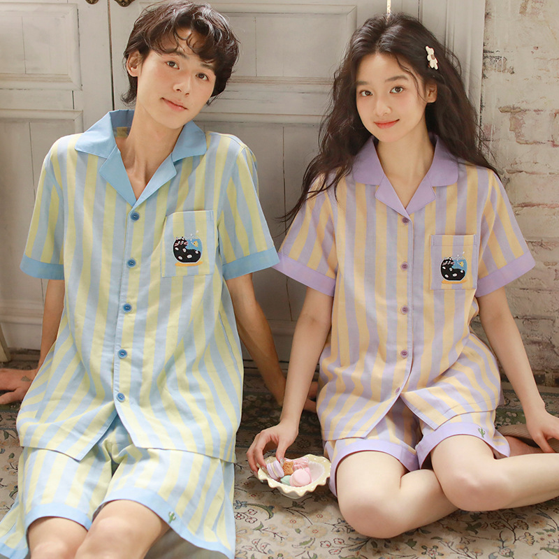 情侣简约短袖短裤家居服套装纱布
