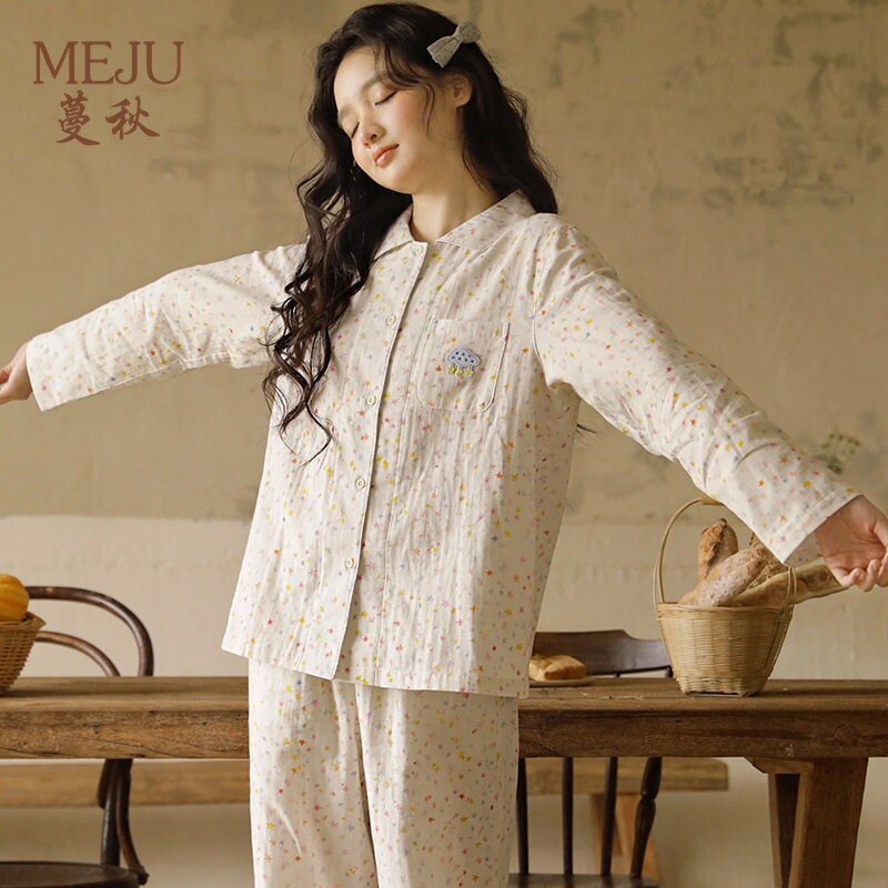 女学生睡衣棉纱开衫翻领宽松少女