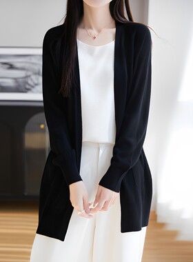 女羊毛针织V领开衫中长款春秋