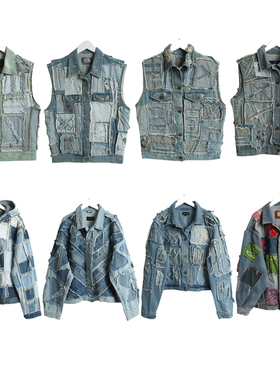 欧美古着vinyag美咔叽厚重remake牛仔夹克复古设计感拼接外套N2