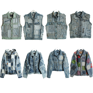 欧美古着vinyag美咔叽厚重remake牛仔夹克复古设计感拼接外套N2