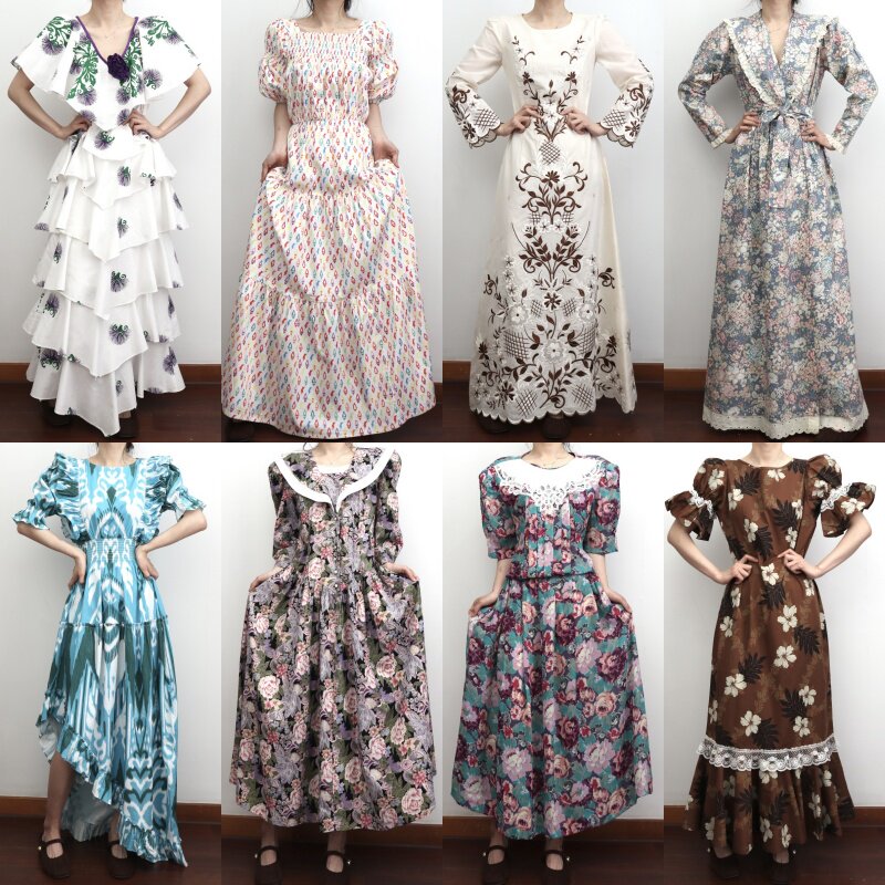 美产古着vintage复古连衣裙孤品长款纯棉油画宫廷花柄裙大摆裙01