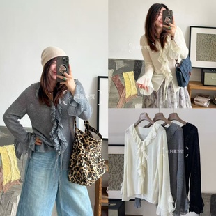 「阿董外贸」高级感镂空钩花百搭小个子修身荷叶边针织喇叭袖开衫