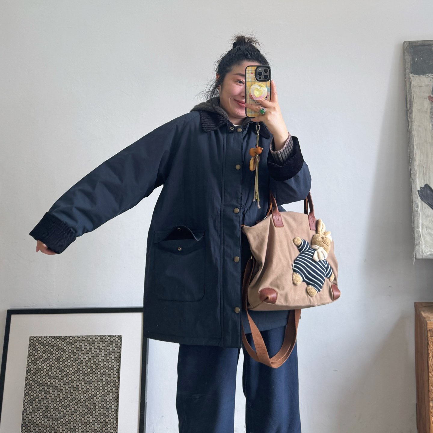 「阿董外贸」休闲大口袋宽松中长款翻领女装棉衣外套秋冬撞色翻领