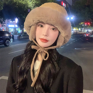 冬季加绒帽女出游加厚保暖绑带护耳帽东北防寒套头帽显脸小雷锋帽