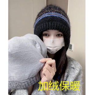 加绒针织护耳帽女冬季户外保暖费尔岛风复古提花流苏包头帽时尚潮