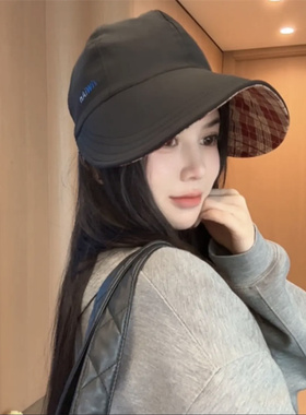 2025春夏新款韩版格纹双面戴鸭舌帽女户外宽檐遮阳简约防晒渔夫帽