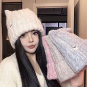 秋冬新款 加绒猫耳朵针织帽女韩版 出游日常保暖可爱休闲百搭冷帽潮
