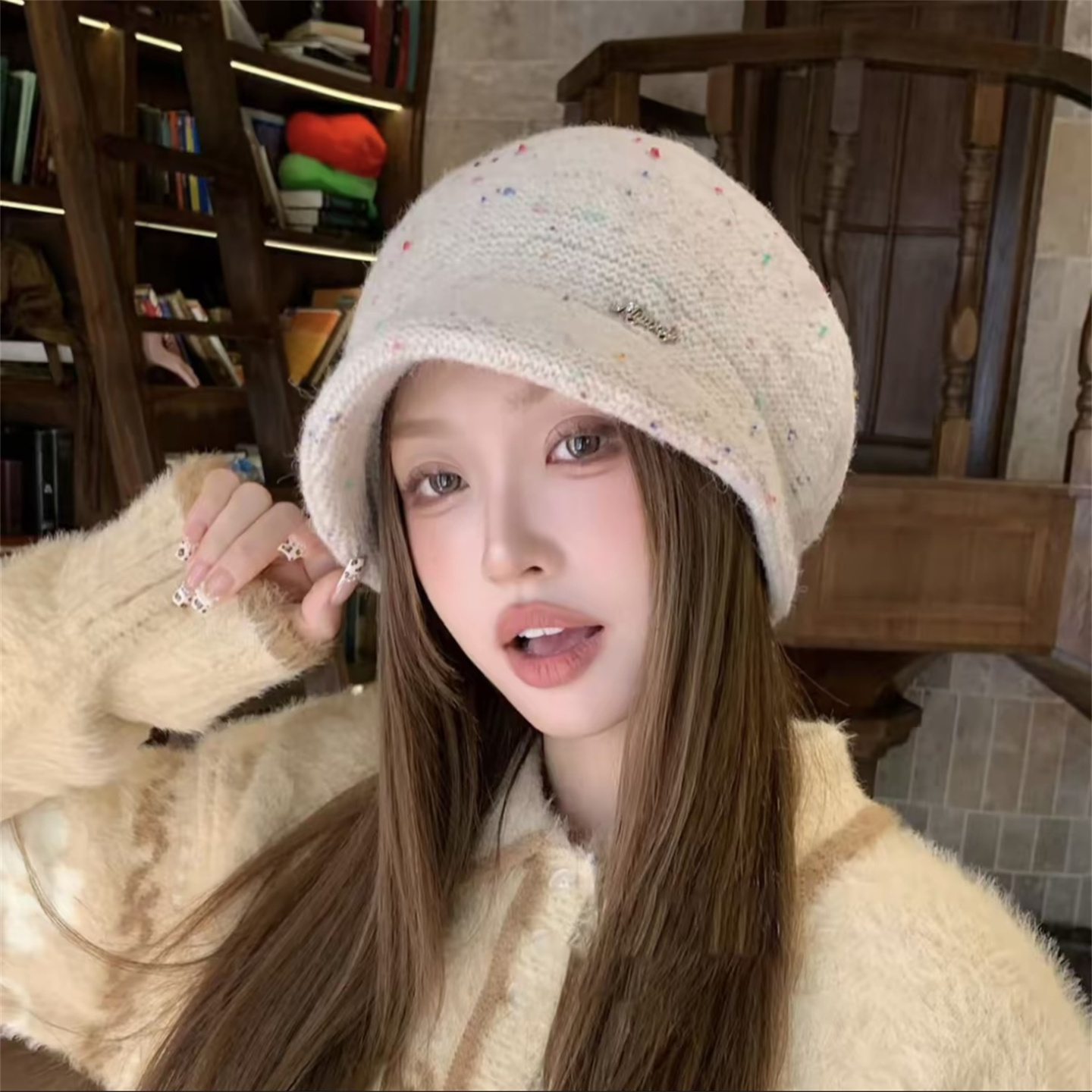 秋冬新款带帽檐双层保暖针织堆堆帽女韩版户外休闲时尚显脸小百搭