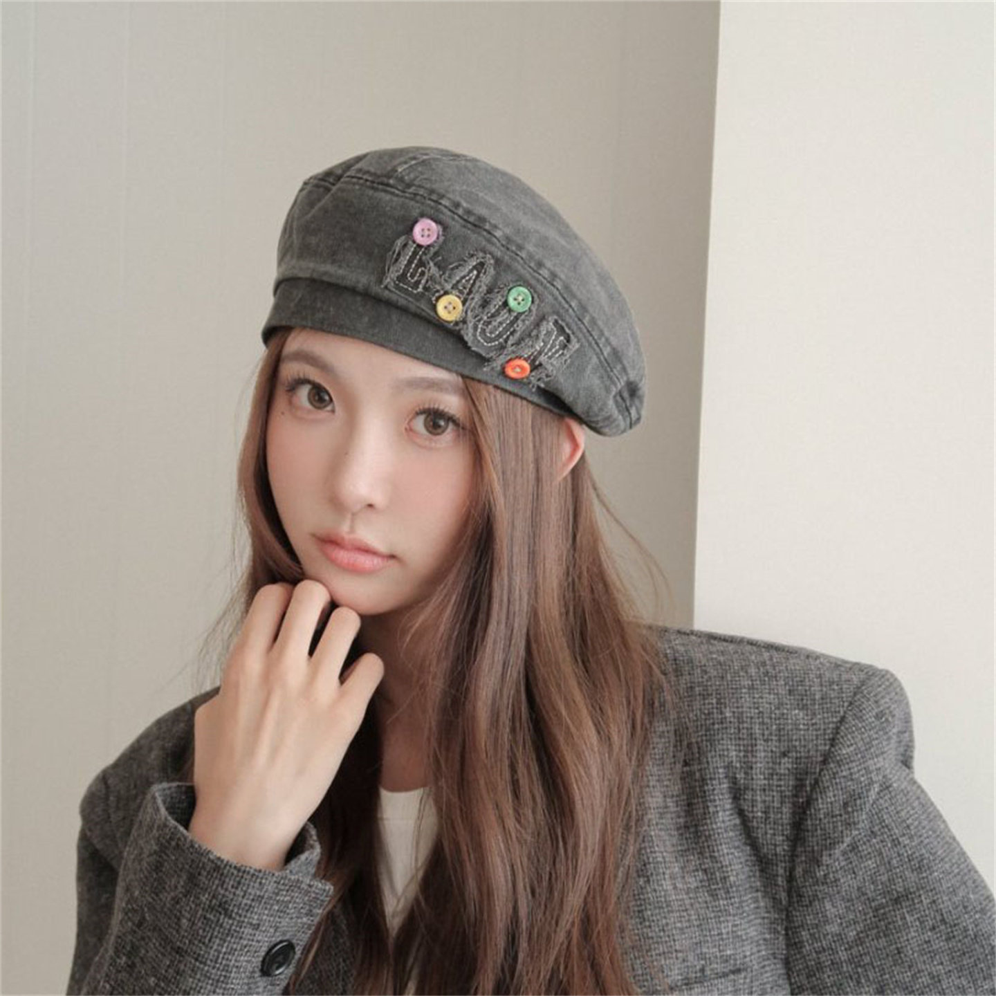 早秋新款水洗牛仔无檐贝雷帽女休闲时尚复古显脸小纽扣大头围帽子