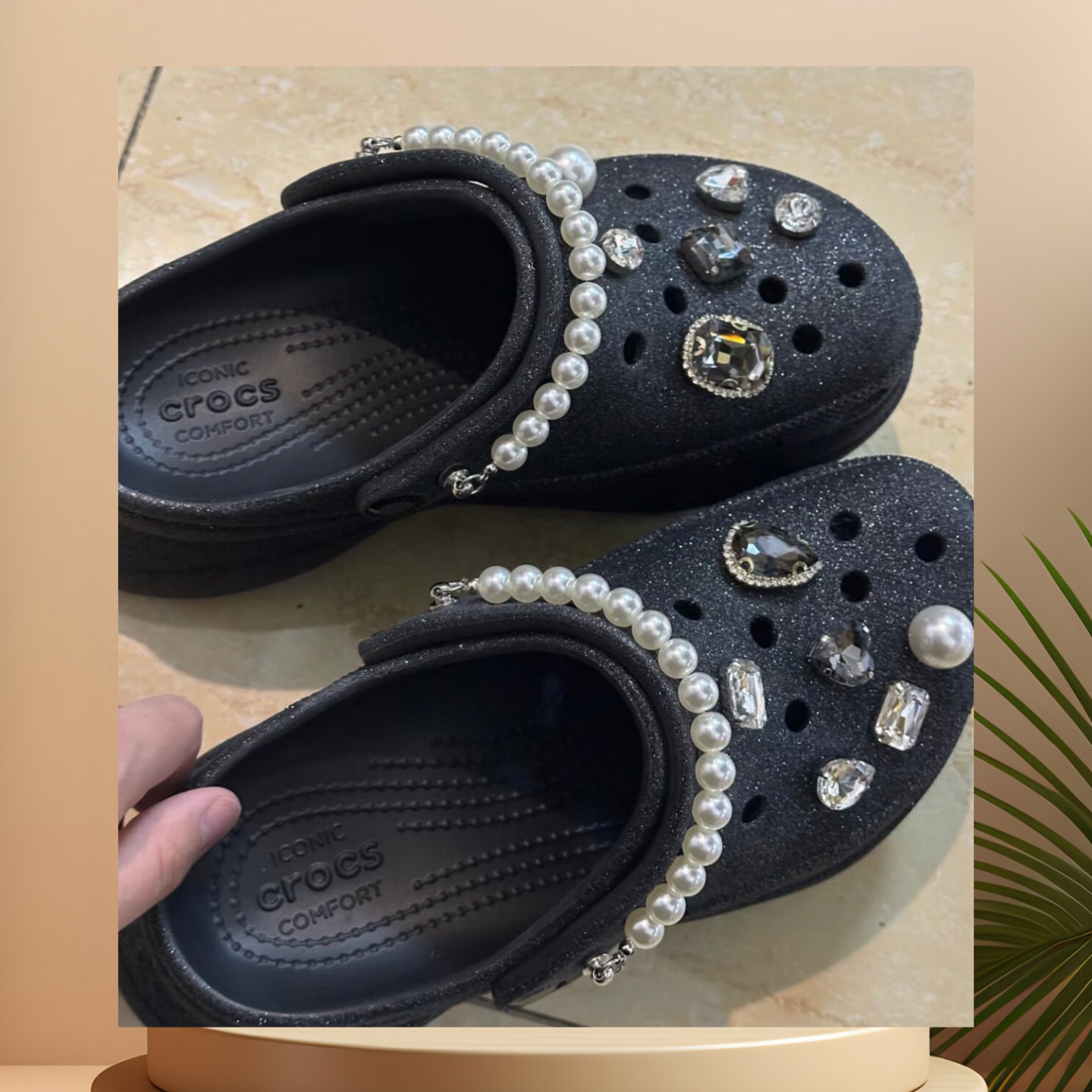 crocs洞洞鞋珍珠水钻鞋花装饰扣黑色高端时尚百搭可拆卸配饰鞋扣