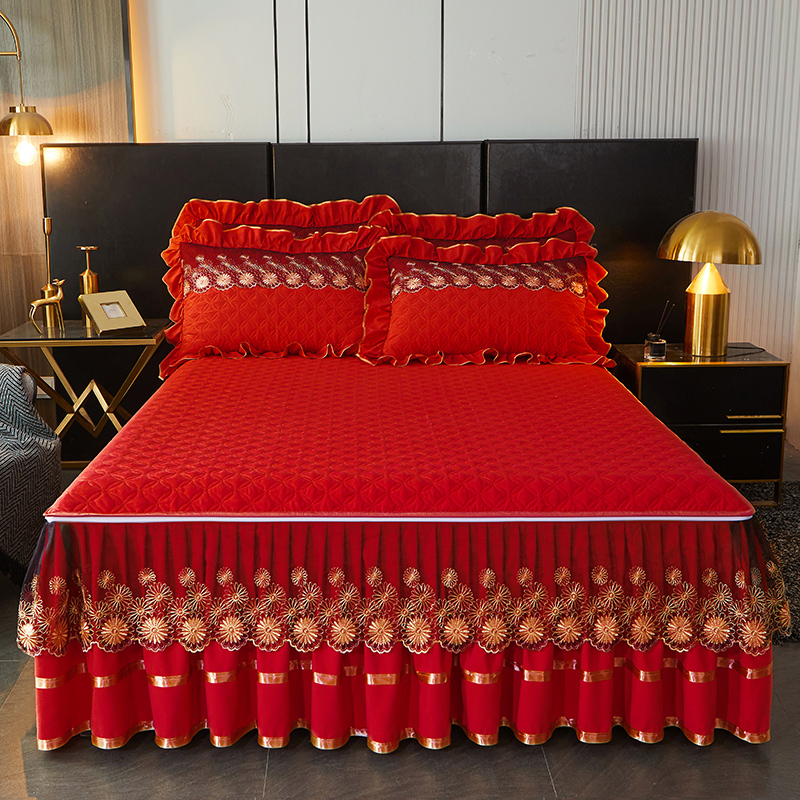 2024春季新款床裙床笠可拆卸床罩夹棉加厚带拉链欧式大红色结婚庆